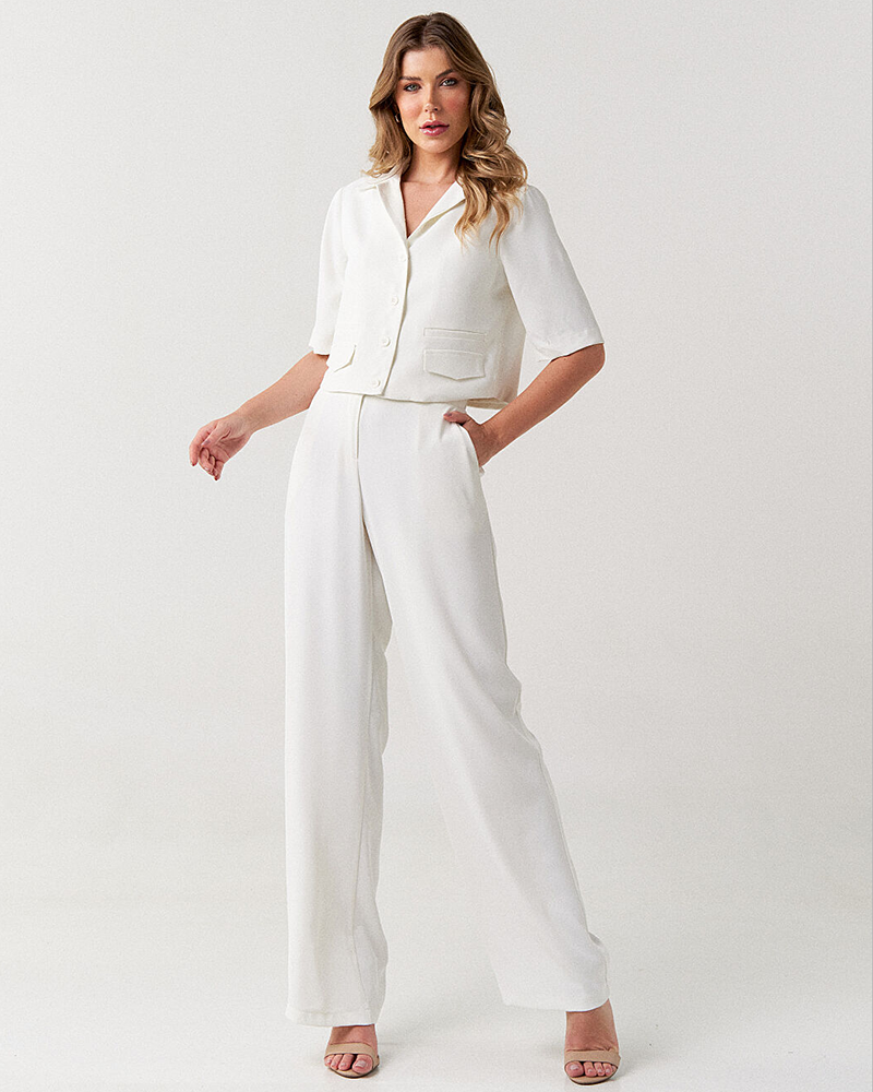 Conjunto blazer cropped e calça pantalona alfaiataria feminina Clarinete