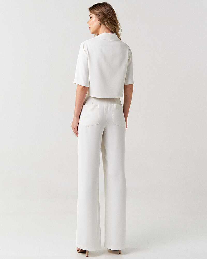 Conjunto blazer cropped e calça pantalona alfaiataria feminina Clarinete