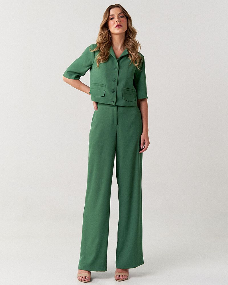 Conjunto blazer cropped e calça pantalona alfaiataria feminina Clarinete