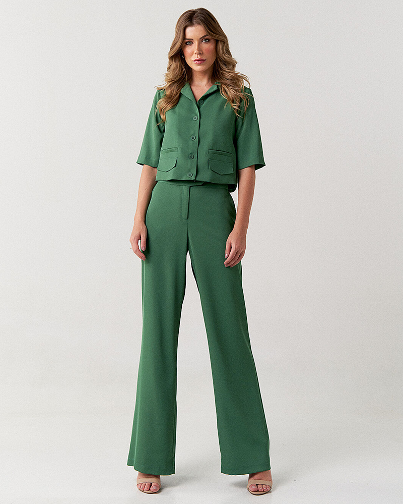 Conjunto blazer cropped e calça pantalona alfaiataria feminina Clarinete