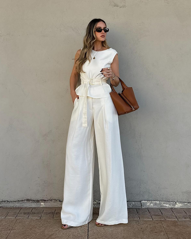 Conjunto calça pantalona e blusa peplum alfaiataria feminina Corneta