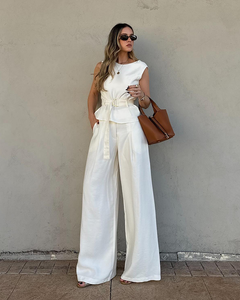 Conjunto calça pantalona e blusa peplum alfaiataria feminina Corneta