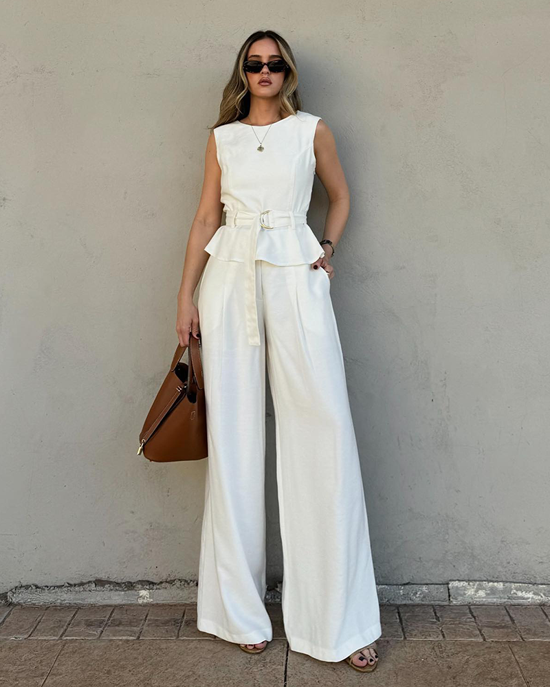Conjunto calça pantalona e blusa peplum alfaiataria feminina Corneta