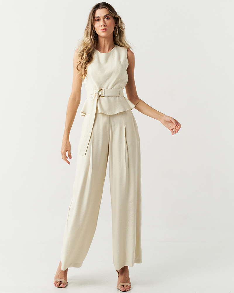 Conjunto calça pantalona e blusa peplum alfaiataria feminina Corneta