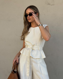 Conjunto calça pantalona e blusa peplum alfaiataria feminina Corneta